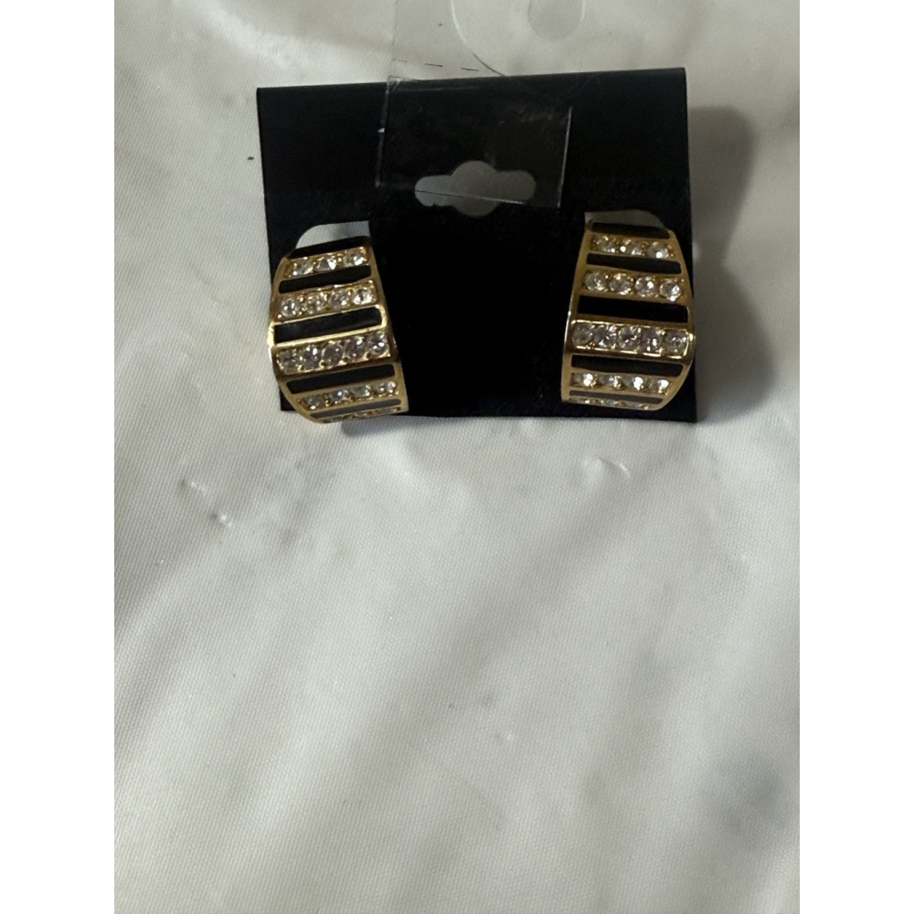 Vintage Christian Dior Gold Tone Black Rhinestone Hoop Clip On Earrings - Picture 16 of 16